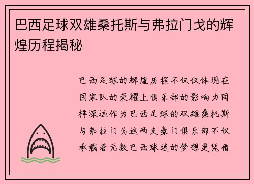 巴西足球双雄桑托斯与弗拉门戈的辉煌历程揭秘