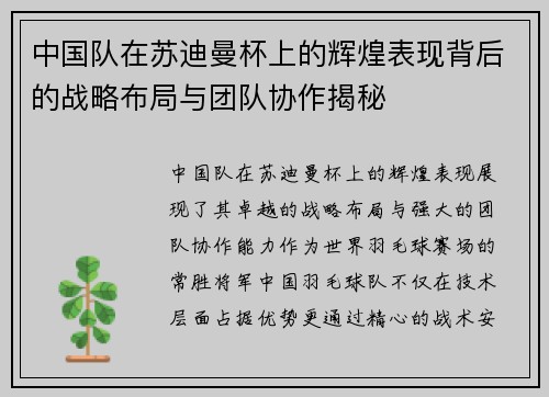 中国队在苏迪曼杯上的辉煌表现背后的战略布局与团队协作揭秘