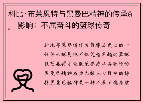 科比·布莱恩特与黑曼巴精神的传承与影响：不屈奋斗的篮球传奇