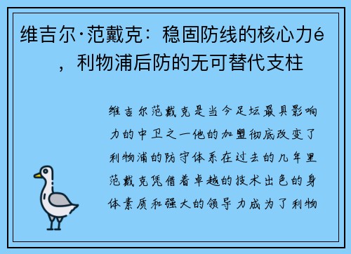 维吉尔·范戴克：稳固防线的核心力量，利物浦后防的无可替代支柱