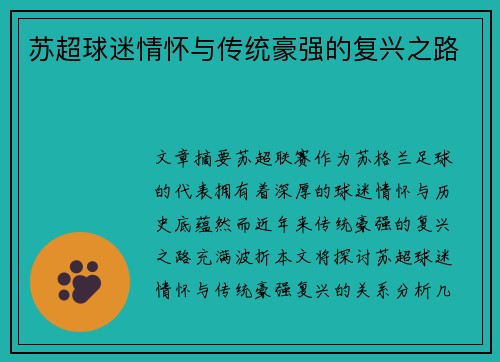 苏超球迷情怀与传统豪强的复兴之路