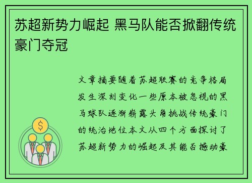 苏超新势力崛起 黑马队能否掀翻传统豪门夺冠
